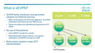 §  xEVPN family introduces next generation
solutions for Ethernet services
§  BGP control-plane for Ethernet Segment and MAC
distribution and learning over MPLS core
§  Same principles and operational experience of IP
VPNs
§  No use of Pseudowires
§  Uses MP2P tunnels for unicast
§  Multi-destination frame delivery via ingress
replication (via MP2P tunnels) or LSM
§  Multi-vendor solutions under IETF
standardization
What is xEVPN?
E-LAN E-LINE E-TREE
EVPN
VPWS
EVPN
E-TREE
PBB-
EVPN
EVPN
Focus of Presentation
 