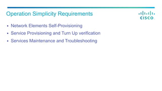 §  Network Elements Self-Provisioning
§  Service Provisioning and Turn Up verification
§  Services Maintenance and Troubleshooting
Operation Simplicity Requirements
 