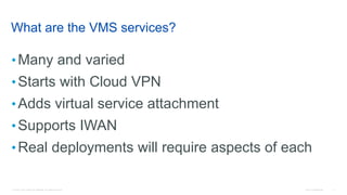 © 2016 Cisco and/or its affiliates. All rights reserved. Cisco Confidential 11
What are the VMS services?
•Many and varied
•Starts with Cloud VPN
•Adds virtual service attachment
•Supports IWAN
•Real deployments will require aspects of each
 