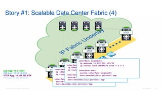 © 2016 Cisco and/or its affiliates. All rights reserved. Cisco Confidential 119
Story #1: Scalable Data Center Fabric (4)
p2p Agg: 10.1.1.0/24
RID Agg: 10.10.10.0/24
VTEP Agg: 10.200.200.0/24
RP Agg: 10.254.254.0/24
VTEP
VTEP
VTEP
VTEP
VTEP
VTEP
interface loopback1
ip address 10.200.200.101/32
ip router ospf UNDERLAY area 0.0.0.0
interface nve1
source-interface loopback1
host-reachability protocol bgp
interface loopback1
ip address 10.200.200.102/32
ip router ospf UNDERLAY area 0.0.0.0
interface nve1
source-interface loopback1
host-reachability protocol bgp
interface loopback1
ip address 10.200.200.103/32
ip router ospf UNDERLAY area 0.0.0.0
interface nve1
source-interface loopback1
host-reachability protocol bgp
 