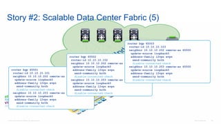 © 2016 Cisco and/or its affiliates. All rights reserved. Cisco Confidential 129
Story #2: Scalable Data Center Fabric (5)
p2p Agg: 10.1.1.0/24
RID Agg: 10.10.10.0/24
VTEP Agg: 10.200.200.0/24
RP Agg: 10.254.254.0/24
VTEP
VTEP
VTEP
VTEP
VTEP
VTEP
router bgp 65501
router-id 10.10.10.101
neighbor 10.10.10.202 remote-as 65500
update-source loopback0
address-family l2vpn evpn
send-community both
disable-connected-check
neighbor 10.10.10.203 remote-as 65500
update-source loopback0
address-family l2vpn evpn
send-community both
disable-connected-check
router bgp 65502
router-id 10.10.10.102
neighbor 10.10.10.202 remote-as 65500
update-source loopback0
address-family l2vpn evpn
send-community both
disable-connected-check
neighbor 10.10.10.203 remote-as 65500
update-source loopback0
address-family l2vpn evpn
send-community both
disable-connected-check
router bgp 65503
router-id 10.10.10.103
neighbor 10.10.10.202 remote-as 65500
update-source loopback0
address-family l2vpn evpn
send-community both
disable-connected-check
neighbor 10.10.10.203 remote-as 65500
update-source loopback0
address-family l2vpn evpn
send-community both
disable-connected-check
 