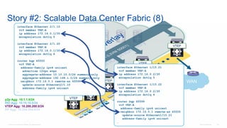 © 2016 Cisco and/or its affiliates. All rights reserved. Cisco Confidential 132
Story #2: Scalable Data Center Fabric (8)
VTEP
VTEP
VTEP
VTEP
VTEP
VTEP
p2p Agg: 10.1.1.0/24
RID Agg: 10.10.10.0/24
VTEP Agg: 10.200.200.0/24
RP Agg: 10.254.254.0/24
interface Ethernet 2/1.10
vrf member VRF-A
ip address 172.16.0.1/30
encapsulation dot1q 5
interface Ethernet 2/1.20
vrf member VRF-B
ip address 172.16.0.1/30
encapsulation dot1q 6
router bgp 65555
vrf VRF-A
address-family ipv4 unicast
advertise l2vpn evpn
aggregate-address 10.10.10.0/24 summary-only
aggregate-address 192.168.1.0/24 summary-only
neighbor 172.16.0.1 remote-as 65599
update-source Ethernet2/1.10
address-family ipv4 unicast
…
WAN
interface Ethernet 1/15.21
vrf member VRF-A
ip address 172.16.0.2/30
encapsulation dot1q 5
interface Ethernet 1/15.22
vrf member VRF-B
ip address 172.16.0.2/30
encapsulation dot1q 6
router bgp 65599
vrf VRF-A
address-family ipv4 unicast
neighbor 172.16.0.1 remote-as 65555
update-source Ethernet1/15.21
address-family ipv4 unicast
…
 