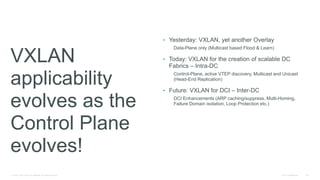 © 2016 Cisco and/or its affiliates. All rights reserved. Cisco Confidential 133
VXLAN
applicability
evolves as the
Control Plane
evolves!
• Yesterday: VXLAN, yet another Overlay
Data-Plane only (Multicast based Flood & Learn)
• Today: VXLAN for the creation of scalable DC
Fabrics – Intra-DC
Control-Plane, active VTEP discovery, Multicast and Unicast
(Head-End Replication)
• Future: VXLAN for DCI – Inter-DC
DCI Enhancements (ARP caching/suppress, Multi-Homing,
Failure Domain isolation, Loop Protection etc.)
 