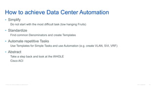 © 2016 Cisco and/or its affiliates. All rights reserved. Cisco Confidential 142
How to achieve Data Center Automation
• Simplify
Do not start with the most difficult task (low hanging Fruits)
• Standardize
Find common Denominators and create Templates
• Automate repetitive Tasks
Use Templates for Simple Tasks and use Automation (e.g. create VLAN, SVI, VRF)
• Abstract
Take a step back and look at the WHOLE
Cisco ACI
 