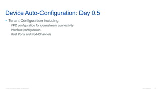 © 2016 Cisco and/or its affiliates. All rights reserved. Cisco Confidential 147
Device Auto-Configuration: Day 0.5
• Tenant Configuration including:
VPC configuration for downstream connectivity
Interface configuration
Host Ports and Port-Channels
 