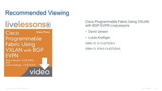 © 2016 Cisco and/or its affiliates. All rights reserved. Cisco Confidential 152
Recommended Viewing
Cisco Programmable Fabric Using VXLAN
with BGP EVPN LiveLessons
• David Jansen
• Lukas Krattiger
ISBN-10: 0-13-427229-3
ISBN-13: 978-0-13-427229-0
 
