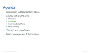 © 2016 Cisco and/or its affiliates. All rights reserved. Cisco Confidential 33
Agenda
• Introduction to Data Center Fabrics
• VXLAN with BGP EVPN
• Overview
• Underlay
• Control & Data Plane
• Multi-Tenancy
• “Stories” and Use-Cases
• Fabric Management & Automation
 