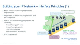 © 2016 Cisco and/or its affiliates. All rights reserved. Cisco Confidential 36
Building your IP Network – Interface Principles (1)
• Know your IP addressing and IP scale
requirements
• Separate VTEP from Routing Protocol from
RP* Loopback
• Best to use individual Aggregates for the
Underlay
Unicast Routing p2p** Links
Unicast Routing Loopbacks
VTEP (NVE) Loopback
Multicast Routing Loopback (RP)
• IPv4 only (today)
*RP: Rendezvous-Point (Multicast)
**p2p: Point-to-Point
p2p Links
10.1.1.2/30
Rendezvous-Point
Loopback
10.254.254.1Routing Loopback
10.10.10.203/32
p2p Links
10.1.1.1/30
p2p Agg: 10.1.1.0/24
RID Agg: 10.10.10.0/24
VTEP Agg: 10.200.200.0/24
RP Agg: 10.254.254.0/24
Routing Loopback
10.10.10.101/32
V
VTEP Loopback
10.200.200.101/32
V
V
V
V
V
 