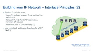 © 2016 Cisco and/or its affiliates. All rights reserved. Cisco Confidential 37
Building your IP Network – Interface Principles (2)
• Routed Ports/Interfaces
Layer-3 Interfaces between Spine and Leaf (no
switchport)
For each Point-2-Point (P2P) connection,
minimum /31 required
Alternative, use IP Unnumbered (/32)
• Use Loopback as Source-Interface for VTEP
(NVE*)
*NVE: Network Virtualization Edge
VTEP: VXLAN Tunnel End-Point
V
V
V
V
V
V
 