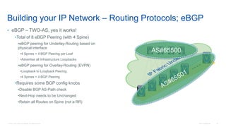 © 2016 Cisco and/or its affiliates. All rights reserved. Cisco Confidential 43
Building your IP Network – Routing Protocols; eBGP
• eBGP – TWO-AS, yes it works!
•Total of 8 eBGP Peering (with 4 Spine)
•eBGP peering for Underlay-Routing based on
physical interface
•4 Spines = 4 BGP Peering per Leaf
•Advertise all Infrastructure Loopbacks
•eBGP peering for Overlay-Routing (EVPN)
•Loopback to Loopback Peering
•4 Spines = 4 BGP Peering
•Requires some BGP config knobs
•Disable BGP AS-Path check
•Next-Hop needs to be Unchanged
•Retain all Routes on Spine (not a RR)
V
V
V
V
V
V
AS#65500
 