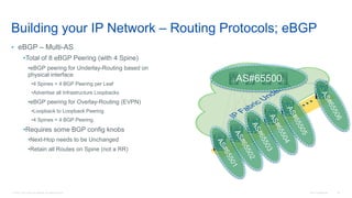 © 2016 Cisco and/or its affiliates. All rights reserved. Cisco Confidential 44
Building your IP Network – Routing Protocols; eBGP
• eBGP – Multi-AS
•Total of 8 eBGP Peering (with 4 Spine)
•eBGP peering for Underlay-Routing based on
physical interface
•4 Spines = 4 BGP Peering per Leaf
•Advertise all Infrastructure Loopbacks
•eBGP peering for Overlay-Routing (EVPN)
•Loopback to Loopback Peering
•4 Spines = 4 BGP Peering
•Requires some BGP config knobs
•Next-Hop needs to be Unchanged
•Retain all Routes on Spine (not a RR)
V
V
V
V
V
V
AS#65500
 