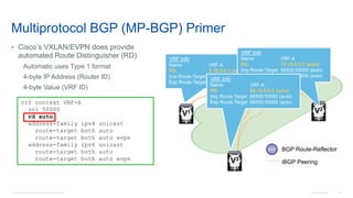 © 2016 Cisco and/or its affiliates. All rights reserved. Cisco Confidential 52
RR RR
V2
V1
V3
BGP Route-ReflectorRR
iBGP Peering
VRF Info
Name: VRF-A
RD: 3:10.0.0.1 (auto)
Imp Route-Target 65500:50000 (auto)
Exp Route-Target 65500:50000 (auto)
VRF Info
Name: VRF-A
RD: 15:10.0.0.2 (auto)
Imp Route-Target 65500:50000 (auto)
Exp Route-Target 65500:50000 (auto)
VRF Info
Name: VRF-A
RD: 62:10.0.0.3 (auto)
Imp Route-Target 65500:50000 (auto)
Exp Route-Target 65500:50000 (auto)vrf context VRF-A
vni 50000
rd auto
address-family ipv4 unicast
route-target both auto
route-target both auto evpn
address-family ipv6 unicast
route-target both auto
route-target both auto evpn
Multiprotocol BGP (MP-BGP) Primer
• Cisco’s VXLAN/EVPN does provide
automated Route Distinguisher (RD)
Automatic uses Type 1 format
4-byte IP Address (Router ID)
4-byte Value (VRF ID)
 