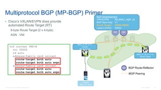 © 2016 Cisco and/or its affiliates. All rights reserved. Cisco Confidential 54
RR RR
V2
V1
V3
BGP Route-ReflectorRR
iBGP Peering
MAC_A / IP_A >> V1
Route-Type2
MAC_A / IP_A >>
LOCAL
Route-Type2
BGP Advertisement
VPN-EVPN: RD:[MAC_A][IP_A]
BGP Next-Hop: V1
Route Target: 65500:50000
Label (L3VNI): 50000
Host A
MAC_A / IP_A
vrf context VRF-A
vni 50000
rd auto
address-family ipv4 unicast
route-target both auto
route-target both auto evpn
address-family ipv6 unicast
route-target both auto
route-target both auto evpn
Multiprotocol BGP (MP-BGP) Primer
• Cisco’s VXLAN/EVPN does provide
automated Route Target (RT)
8-byte Route Target (2 x 4-byte)
ASN : VNI
 