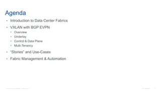 © 2016 Cisco and/or its affiliates. All rights reserved. Cisco Confidential 6
Agenda
• Introduction to Data Center Fabrics
• VXLAN with BGP EVPN
• Overview
• Underlay
• Control & Data Plane
• Multi-Tenancy
• “Stories” and Use-Cases
• Fabric Management & Automation
 