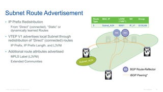 © 2016 Cisco and/or its affiliates. All rights reserved. Cisco Confidential 62
RR RR
BGP Route-ReflectorRR
iBGP Peering*
Route
Type
MAC, IP L3VNI
(“VRF”)
NH Encap
5 Subnet_A/24 50001 IP_V1 8:VXLAN
V2
V1
V3
Subnet Route Advertisement
• IP Prefix Redistribution
From “Direct” (connected), “Static” or
dynamically learned Routes
• VTEP V1 advertises local Subnet through
redistribution of “Direct” (connected) routes
IP Prefix, IP Prefix Length, and L3VNI
• Additional route attributes advertised
MPLS Label (L3VNI)
Extended Communities
 