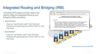 © 2016 Cisco and/or its affiliates. All rights reserved. Cisco Confidential 77
Integrated Routing and Bridging (IRB)
VXLAN/EVPN based overlays follow two
slightly different Integrated Routing and
Bridging (IRB) semantics
• Asymmetric
Uses an “asymmetric path” from the Host
towards the egressing port of the VTEP vs. the
way back
• Symmetric*
Uses an “symmetric path” from the Host
towards the egressing port of the VTEP vs. the
way back
RR RR
*Implemented by Cisco’s VXLAN/EVPN
 