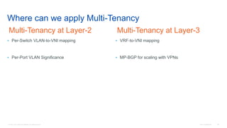 © 2016 Cisco and/or its affiliates. All rights reserved. Cisco Confidential 89
Multi-Tenancy at Layer-2
• Per-Switch VLAN-to-VNI mapping
• Per-Port VLAN Significance
Multi-Tenancy at Layer-3
• VRF-to-VNI mapping
• MP-BGP for scaling with VPNs
Where can we apply Multi-Tenancy
 
