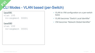 © 2016 Cisco and/or its affiliates. All rights reserved. Cisco Confidential 94
CLI Modes - VLAN based (per-Switch)
Leaf#1
vlan 100
vn-segment 30001
Leaf#2
vlan 100
vn-segment 30001
• VLAN to VNI configuration on a per-switch
basis
• VLAN becomes “Switch Local Identifier”
• VNI becomes “Network Global Identifier”
 