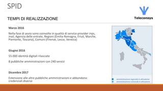 SPID
TEMPI DI REALIZZAZIONE
Marzo 2016
Nella fase di avvio sono coinvolte in qualità di service provider inps,
inail, Agenzia delle entrate, Regioni (Emilia Romagna, Friuli, Marche,
Piemonte, Toscana), Comuni (Firenze, Lecce, Venezia)
Giugno 2016
55.000 identità digitali rilasciate
8 pubbliche amministrazioni con 240 servizi
Dicembre 2017
Estensione alle altre pubbliche amministrazioni e abbondono
credenziali diverse
 