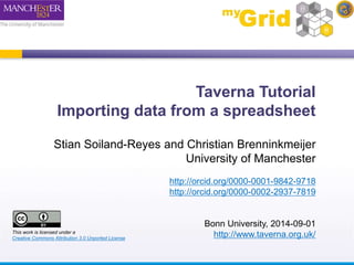 Taverna Tutorial 
Importing data from a spreadsheet 
Stian Soiland-Reyes and Christian Brenninkmeijer 
University of Manchester 
http://orcid.org/0000-0001-9842-9718 
http://orcid.org/0000-0002-2937-7819 
Bonn University, 2014-09-01 
This work is licensed under a http://www.taverna.org.uk/ 
Creative Commons Attribution 3.0 Unported License 
 