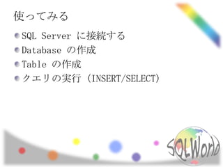 使ってみる
SQL Server に接続する
Database の作成
Table の作成
クエリの実行 (INSERT/SELECT)
 