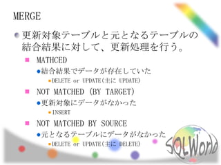 MERGE
 更新対象テーブルと元となるテーブルの
 結合結果に対して、更新処理を行う。
    MATHCED
        結合結果でデータが存在していた
         DELETE or UPDATE(主に UPDATE)
    NOT MATCHED (BY TARGET)
        更新対象にデータがなかった
         INSERT
    NOT MATCHED BY SOURCE
        元となるテーブルにデータがなかった
         DELETE or UPDATE(主に DELETE)
 