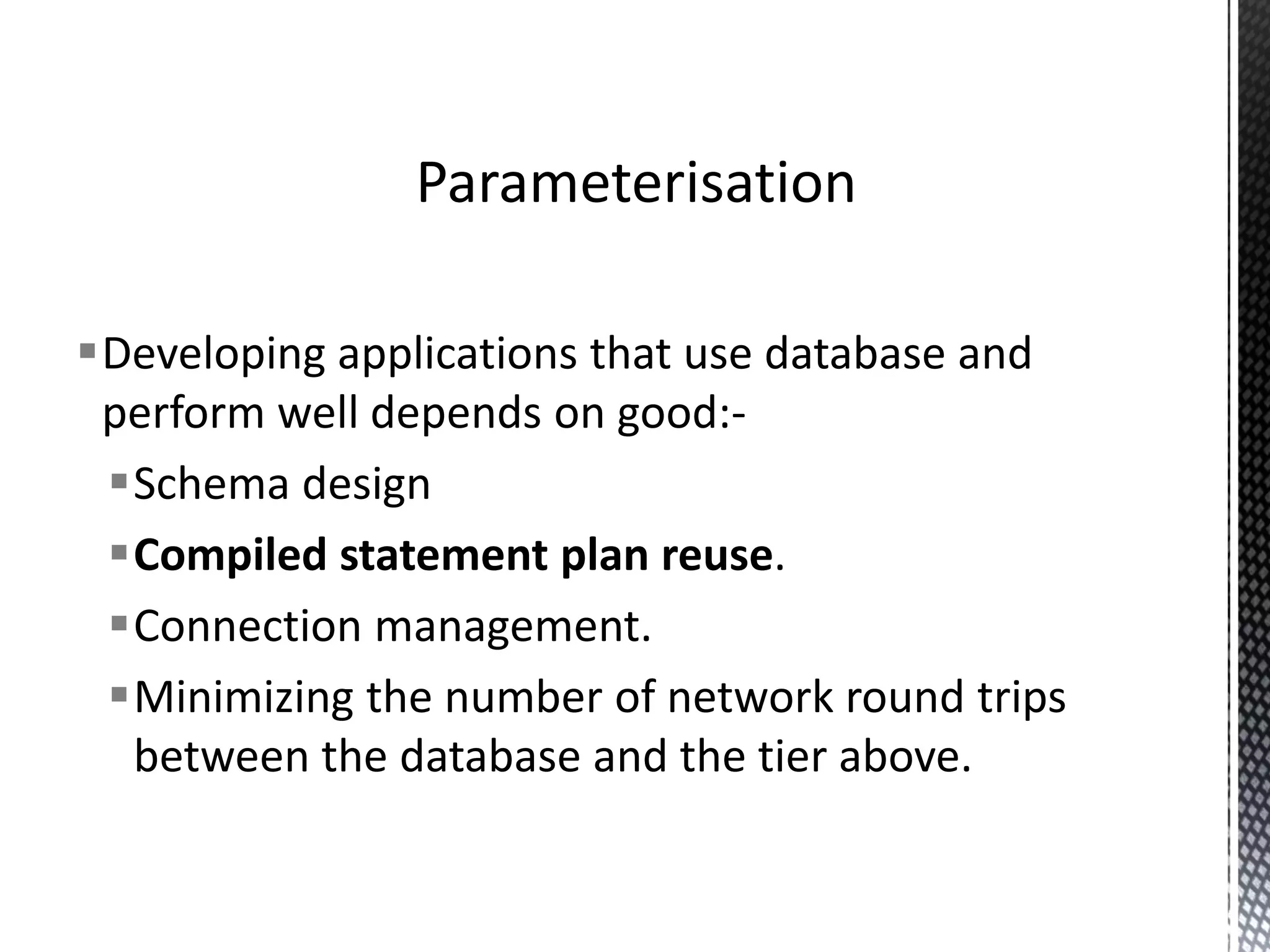  For OLTP style applications:-       Transactions will be short Number of statements will be finite SQL will only affect a few rows for each execution. The SQL will be simple. Plans will be skewed towards using index seeks over table scans. Recompiles could double+ query execution time.  Therefore recompiles are undesirable for OLTP applications. When (Re)Compiles Are To Be Avoided 