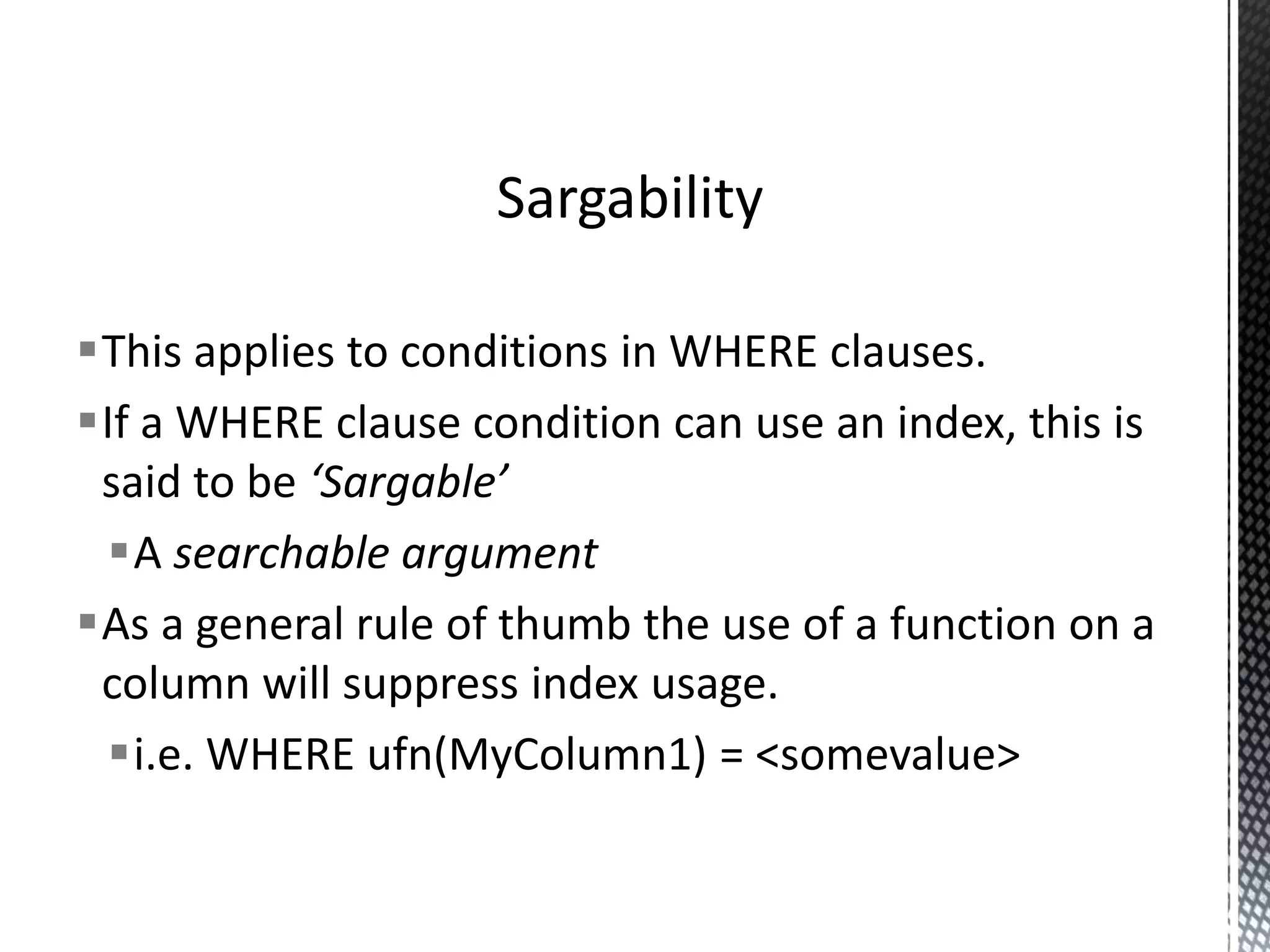 Advise From The SQL Server Optimizer Development Team  Craig Freedman, a former optimizer developer has some good words of advice in his “Understanding Query Processing and Query Plan in SQL Server” slide deck.  The points on the next three slides ( quoted verbatim ) come from slide 40. 