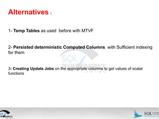 Alternatives :
1- Temp Tables as used before with MTVF

2- Persisted deterministic Computed Columns with Sufficient indexing
for them

3- Creating Update Jobs on the appropriate columns to get values of scalar
functions

 