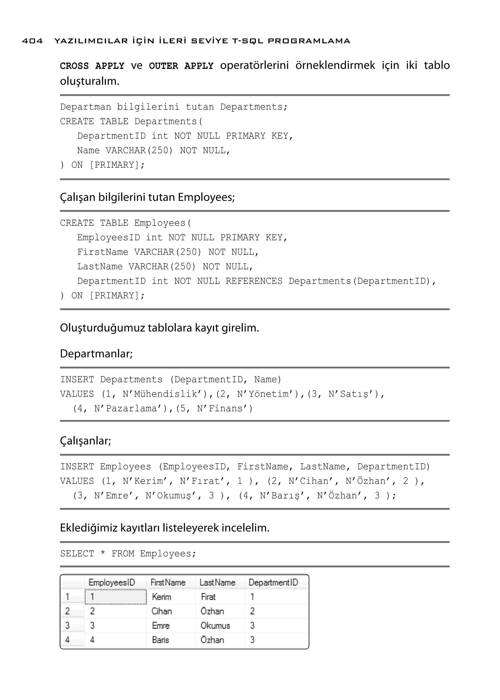 CROSS APPLY ve OUTER APPLY operatörlerini örneklendirmek için iki tablo
oluşturalım.
Departman bilgilerini tutan Departments;
CREATE TABLE Departments(
DepartmentID int NOT NULL PRIMARY KEY,
Name VARCHAR(250) NOT NULL,
) ON [PRIMARY];
Çalışan bilgilerini tutan Employees;
CREATE TABLE Employees(
EmployeesID int NOT NULL PRIMARY KEY,
FirstName VARCHAR(250) NOT NULL,
LastName VARCHAR(250) NOT NULL,
DepartmentID int NOT NULL REFERENCES Departments(DepartmentID),
) ON [PRIMARY];
Oluşturduğumuz tablolara kayıt girelim.
Departmanlar;
INSERT Departments (DepartmentID, Name)
VALUES (1, N’Mühendislik’),(2, N’Yönetim’),(3, N’Satış’),
(4, N’Pazarlama’),(5, N’Finans’)
Çalışanlar;
INSERT Employees (EmployeesID, FirstName, LastName, DepartmentID)
VALUES (1, N’Kerim’, N’Fırat’, 1 ), (2, N’Cihan’, N’Özhan’, 2 ),
(3, N’Emre’, N’Okumuş’, 3 ), (4, N’Barış’, N’Özhan’, 3 );
Eklediğimiz kayıtları listeleyerek incelelim.
SELECT * FROM Employees;
YAZILIMCILAR İÇİN İLERİ SEVİYE T-SQL PROGRAMLAMA404
 