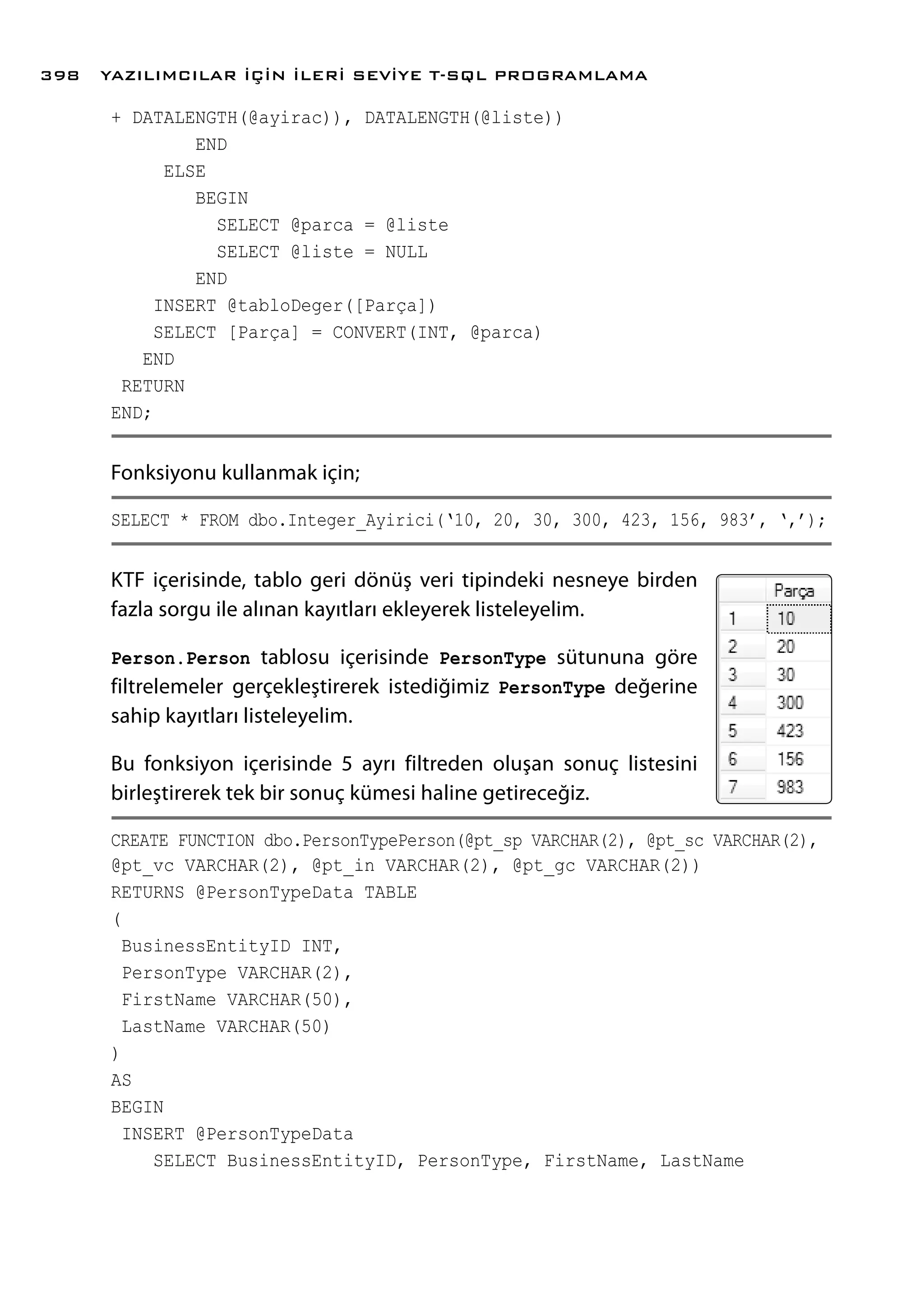 + DATALENGTH(@ayirac)), DATALENGTH(@liste))
END
ELSE
BEGIN
SELECT @parca = @liste
SELECT @liste = NULL
END
INSERT @tabloDeger([Parça])
SELECT [Parça] = CONVERT(INT, @parca)
END
RETURN
END;
Fonksiyonu kullanmak için;
SELECT * FROM dbo.Integer_Ayirici(‘10, 20, 30, 300, 423, 156, 983’, ‘,’);
KTF içerisinde, tablo geri dönüş veri tipindeki nesneye birden
fazla sorgu ile alınan kayıtları ekleyerek listeleyelim.
Person.Person tablosu içerisinde PersonType sütununa göre
filtrelemeler gerçekleştirerek istediğimiz PersonType değerine
sahip kayıtları listeleyelim.
Bu fonksiyon içerisinde 5 ayrı filtreden oluşan sonuç listesini
birleştirerek tek bir sonuç kümesi haline getireceğiz.
CREATE FUNCTION dbo.PersonTypePerson(@pt_sp VARCHAR(2), @pt_sc VARCHAR(2),
@pt_vc VARCHAR(2), @pt_in VARCHAR(2), @pt_gc VARCHAR(2))
RETURNS @PersonTypeData TABLE
(
BusinessEntityID INT,
PersonType VARCHAR(2),
FirstName VARCHAR(50),
LastName VARCHAR(50)
)
AS
BEGIN
INSERT @PersonTypeData
SELECT BusinessEntityID, PersonType, FirstName, LastName
YAZILIMCILAR İÇİN İLERİ SEVİYE T-SQL PROGRAMLAMA398
 
