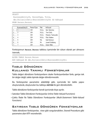SELECT
BusinessEntityID, PersonType, Title,
dbo.KullaniciGetir(BusinessEntityID) AS AdSoyad
FROM Person.Person;
Fonksiyonun Person.Person tablosu içerisinde bir sütun olarak yer almasını
istersek;
ALTER TABLE Person.Person
ADD AdSoyad AS dbo.KullaniciGetir(BusinessEntityID);
Tablo Döndüren
Kullanıcı Tanımlı Fonksiyonlar
Tablo değeri döndüren fonksiyonların skaler fonksiyonlardan farkı, geriye tek
bir değer değil, tablo tipinde değer döndürmesidir.
Bu fonksiyonlar parametre alabildiği gibi, içerisinde bir tablo yapısı
oluşturularak, oluşturulan bu tabloyu RETURN ile geri döndürebilir.
Tablo döndüren fonksiyonlar kendi içerisinde ikiye ayrılır.
•	Satırdan Tablo Döndüren Fonksiyonlar (Inline Table-Valued Functions)
•	Çoklu İfade İle Tablo Döndüren Fonksiyonlar (Multi-Statement Table-Valued
Functions)
Satırdan Tablo Döndüren Fonksiyonlar
Tablo döndüren fonksiyonlar, view gibi sorgulanabilen, Stored Procedure gibi
parametre alan KTF nesneleridir.
KULLANICI TANIMLI FONKSİYONLAR 395
 