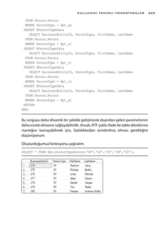 FROM Person.Person
WHERE PersonType = @pt_sp
INSERT @PersonTypeData
SELECT BusinessEntityID, PersonType, FirstName, LastName
FROM Person.Person
WHERE PersonType = @pt_sc
INSERT @PersonTypeData
SELECT BusinessEntityID, PersonType, FirstName, LastName
FROM Person.Person
WHERE PersonType = @pt_vc
INSERT @PersonTypeData
SELECT BusinessEntityID, PersonType, FirstName, LastName
FROM Person.Person
WHERE PersonType = @pt_in
INSERT @PersonTypeData
SELECT BusinessEntityID, PersonType, FirstName, LastName
FROM Person.Person
WHERE PersonType = @pt_gc
RETURN
END;
Bu sorguyu daha dinamik bir şekilde geliştirerek dışarıdan gelen parametrenin
daha esnek olmasını sağlayabilirdik. Ancak, KTF çoklu ifade ile tablo döndürme
mantığını kavrayabilmek için, fazlalıklardan arındırılmış olması gerektiğini
düşünüyorum.
Oluşturduğumuz fonksiyonu çağıralım.
SELECT * FROM dbo.PersonTypePerson(‘SP’,’SC’,’VC’,’IN’,’GC’);
KULLANICI TANIMLI FONKSİYONLAR 399
 