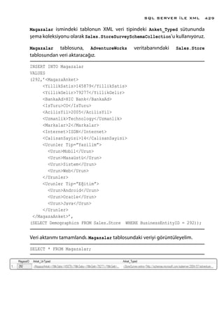 Magazalar ismindeki tablonun XML veri tipindeki Anket_Typed sütununda
şema koleksiyonu olarak Sales.StoreSurveySchemaCollection’u kullanıyoruz.
Magazalar tablosuna, AdventureWorks veritabanındaki Sales.Store
tablosundan veri aktaracağız.
INSERT INTO Magazalar
VALUES
(292,’<MagazaAnket>
<YillikSatis>145879</YillikSatis>
<YillikGelir>79277</YillikGelir>
<BankaAd>HIC Bank</BankaAd>
<IsTuru>CO</IsTuru>
<AcilisYil>2005</AcilisYil>
<Uzmanlik>Technology</Uzmanlik>
<Markalar>2</Markalar>
<Internet>ISDN</Internet>
<CalisanSayisi>14</CalisanSayisi>
<Urunler Tip=”Yazilim”>
<Urun>Mobil</Urun>
<Urun>Masaüstü</Urun>
<Urun>Sistem</Urun>
<Urun>Web</Urun>
</Urunler>
<Urunler Tip=”Eğitim”>
<Urun>Android</Urun>
<Urun>Oracle</Urun>
<Urun>Java</Urun>
</Urunler>
</MagazaAnket>’,
(SELECT Demographics FROM Sales.Store WHERE BusinessEntityID = 292));
Veri aktarımı tamamlandı. Magazalar tablosundaki veriyi görüntüleyelim.
SELECT * FROM Magazalar;
SQL SERVER İLE XML 429
 
