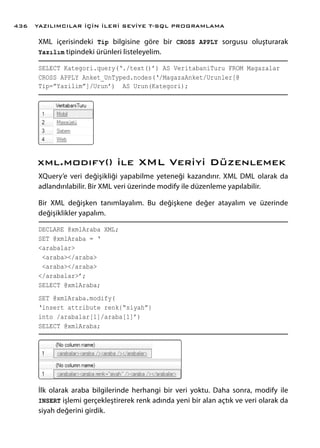 XML içerisindeki Tip bilgisine göre bir CROSS APPLY sorgusu oluşturarak
Yazılım tipindeki ürünleri listeleyelim.
SELECT Kategori.query(‘./text()’) AS VeritabaniTuru FROM Magazalar
CROSS APPLY Anket_UnTyped.nodes(‘/MagazaAnket/Urunler[@
Tip=”Yazilim”]/Urun’) AS Urun(Kategori);
xml.modıfy() ile XML Veriyi Düzenlemek
XQuery’e veri değişikliği yapabilme yeteneği kazandırır. XML DML olarak da
adlandırılabilir. Bir XML veri üzerinde modify ile düzenleme yapılabilir.
Bir XML değişken tanımlayalım. Bu değişkene değer atayalım ve üzerinde
değişiklikler yapalım.
DECLARE @xmlAraba XML;
SET @xmlAraba = ‘
<arabalar>
<araba></araba>
<araba></araba>
</arabalar>’;
SELECT @xmlAraba;
SET @xmlAraba.modify(
‘insert attribute renk{“siyah”}
into /arabalar[1]/araba[1]’)
SELECT @xmlAraba;
İlk olarak araba bilgilerinde herhangi bir veri yoktu. Daha sonra, modify ile
INSERT işlemi gerçekleştirerek renk adında yeni bir alan açtık ve veri olarak da
siyah değerini girdik.
YAZILIMCILAR İÇİN İLERİ SEVİYE T-SQL PROGRAMLAMA436
 