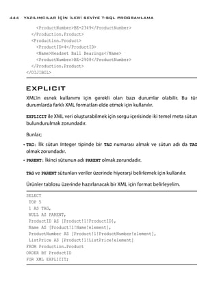 <ProductNumber>BE-2349</ProductNumber>
</Production.Product>
<Production.Product>
<ProductID>4</ProductID>
<Name>Headset Ball Bearings</Name>
<ProductNumber>BE-2908</ProductNumber>
</Production.Product>
</DIJIBIL>
EXPLICIT
XML’in esnek kullanımı için gerekli olan bazı durumlar olabilir. Bu tür
durumlarda farklı XML formatları elde etmek için kullanılır.
EXPLICIT ile XML veri oluşturabilmek için sorgu içerisinde iki temel meta sütun
bulundurulmak zorundadır.
Bunlar;
•	TAG: İlk sütun Integer tipinde bir TAG numarası almak ve sütun adı da TAG
olmak zorundadır.
•	PARENT: İkinci sütunun adı PARENT olmak zorundadır.
TAG ve PARENT sütunları veriler üzerinde hiyerarşi belirlemek için kullanılır.
Ürünler tablosu üzerinde hazırlanacak bir XML için format belirleyelim.
SELECT
TOP 5
1 AS TAG,
NULL AS PARENT,
ProductID AS [Product!1!ProductID],
Name AS [Product!1!Name!element],
ProductNumber AS [Product!1!ProductNumber!element],
ListPrice AS [Product!1!ListPrice!element]
FROM Production.Product
ORDER BY ProductID
FOR XML EXPLICIT;
YAZILIMCILAR İÇİN İLERİ SEVİYE T-SQL PROGRAMLAMA444
 