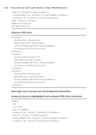 Name AS [Product!1!Name!element],
ProductNumber AS [Product!1!ProductNumber!element],
ListPrice AS [Product!1!ListPrice!element]
FROM Production.Product
ORDER BY ProductID
FOR XML EXPLICIT;
Sorgunun XML çıktısı:
<Product>
<ProductID>1</ProductID>
<Name>Adjustable Race</Name>
<ProductNumber>AR-5381</ProductNumber>
<ListPrice>0.0000</ListPrice>
</Product>
<Product>
<ProductID>2</ProductID>
<Name>Bearing Ball</Name>
<ProductNumber>BA-8327</ProductNumber>
<ListPrice>0.0000</ListPrice>
</Product>
<Product>
<ProductID>3</ProductID>
<Name>BB Ball Bearing</Name>
<ProductNumber>BE-2349</ProductNumber>
<ListPrice>0.0000</ListPrice>
</Product>
NULL değer içeren sütunlar üzerinde de EXPLICIT kullanılabilir.
ProductID sütununu DESCENDING olarak sıralayarak XML çıktısı oluşturalım.
SELECT
TOP 3
1 AS TAG,
NULL AS PARENT,
ProductID AS [Product!1!ProductID!element],
Name AS [Product!1!Name!element],
ProductNumber AS [Product!1!ProductNumber!element],
ListPrice AS [Product!1!ListPrice!element],
YAZILIMCILAR İÇİN İLERİ SEVİYE T-SQL PROGRAMLAMA446
 