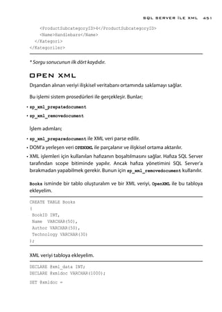 <ProductSubcategoryID>4</ProductSubcategoryID>
<Name>Handlebars</Name>
</Kategori>
</Kategoriler>
* Sorgu sonucunun ilk dört kaydıdır.
OPEN XML
Dışarıdan alınan veriyi ilişkisel veritabanı ortamında saklamayı sağlar.
Bu işlemi sistem prosedürleri ile gerçekleşir. Bunlar;
•	sp_xml_prepatedocument
•	sp_xml_removedocument
İşlem adımları;
•	sp_xml_preparedocument ile XML veri parse edilir.
•	DOM’a yerleşen veri OPENXML ile parçalanır ve ilişkisel ortama aktarılır.
•	XML işlemleri için kullanılan hafızanın boşaltılmasını sağlar. Hafıza SQL Server
tarafından scope bitiminde yapılır. Ancak hafıza yönetimini SQL Server’a
bırakmadan yapabilmek gerekir. Bunun için sp_xml_removedocument kullanılır.
Books isminde bir tablo oluşturalım ve bir XML veriyi, OpenXML ile bu tabloya
ekleyelim.
CREATE TABLE Books
(
BookID INT,
Name VARCHAR(50),
Author VARCHAR(50),
Technology VARCHAR(30)
);
XML veriyi tabloya ekleyelim.
DECLARE @xml_data INT;
DECLARE @xmldoc VARCHAR(1000);
SET @xmldoc =
SQL SERVER İLE XML 451
 