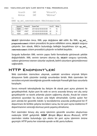 UrunID INT ‘@UrunID’,
Miktar INT ‘@Miktar’
);
EXEC sp_xml_removedocument @XmlDokumanIslem;
SELECT işleminden önce, XML yapı değişkene SET edilir. Bu XML, sp_xml_
preparedocument sistem prosedürü ile parse edildikten sonra, SELECT sorgusu
çalıştırılır. Son olarak, XML’in bulunduğu belleğin boşaltılması için sp_xml_
removedocument sistem prosedürü çalıştırılır ve bellek boşaltılır.
Sorguda kullanılan XML verinin yapısı farklı formatlarda görünecek şekilde
değiştirilebilir. XML verinin tamamı okunsa da, SELECT sorgusu içerisinde,
sadece görünmesi istenen sütunlar seçilerek, belirli sütunların görüntülenmesi
sağlanabilir.
HTTP Endpoınt’leri
Web üzerinden istemcilere ulaşmak, uzaktaki servislere erişmek bilişim
dünyasının farklı çözümler ürettiği sorunlardan biridir. Web üzerinden bir
servislere erişmek istendiğinde güvenlik nedeniyle Firewall gibi bazı sorunlarla
karşılaşılır.
Servis mimarili teknolojilerde bu iletişim ilk olarak port açma yöntemi ile
gerçekleştirilirdi. Açılan port ile web ve servis arasında binary veri alış verişi
gerçekleştirilir ve teorik anlamda çözüm sağlanmış olurdu. Ancak bir sistem
yöneticisi açısından bu durum asla böyle olmamalıdır. Çünkü açılan her
port aslında bir güvenlik riskidir. İş tecrübeleriniz arasında profesyonel bir IT
departmanı ile birlikte çalışma tecrübesi varsa, bu tür port açma isteklerine IT
departmanının vereceği olumsuz yanıtı yaşamış olmalısınız.
Port üzerinden binary alış verişi işleminin güvenlik sorunları oluşturması
nedeniyle SOAP geliştirildi. SOAP (Simple Object Access Protocol), HTTP
üzerinden istekte bulunduğu için ekstra bir port açma işleminin önüne
geçmiştir. HTTP portu her sistemde aynıdır ve 80. portu kullanır.
YAZILIMCILAR İÇİN İLERİ SEVİYE T-SQL PROGRAMLAMA454
 