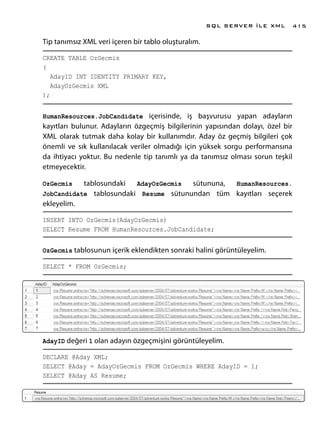 Tip tanımsız XML veri içeren bir tablo oluşturalım.
CREATE TABLE OzGecmis
(
AdayID INT IDENTITY PRIMARY KEY,
AdayOzGecmis XML
);
HumanResources.JobCandidate içerisinde, iş başvurusu yapan adayların
kayıtları bulunur. Adayların özgeçmiş bilgilerinin yapısından dolayı, özel bir
XML olarak tutmak daha kolay bir kullanımdır. Aday öz geçmiş bilgileri çok
önemli ve sık kullanılacak veriler olmadığı için yüksek sorgu performansına
da ihtiyacı yoktur. Bu nedenle tip tanımlı ya da tanımsız olması sorun teşkil
etmeyecektir.
OzGecmis tablosundaki AdayOzGecmis sütununa, HumanResources.
JobCandidate tablosundaki Resume sütunundan tüm kayıtları seçerek
ekleyelim.
INSERT INTO OzGecmis(AdayOzGecmis)
SELECT Resume FROM HumanResources.JobCandidate;
OzGecmis tablosunun içerik eklendikten sonraki halini görüntüleyelim.
SELECT * FROM OzGecmis;
AdayID değeri 1 olan adayın özgeçmişini görüntüleyelim.
DECLARE @Aday XML;
SELECT @Aday = AdayOzGecmis FROM OzGecmis WHERE AdayID = 1;
SELECT @Aday AS Resume;
SQL SERVER İLE XML 415
 
