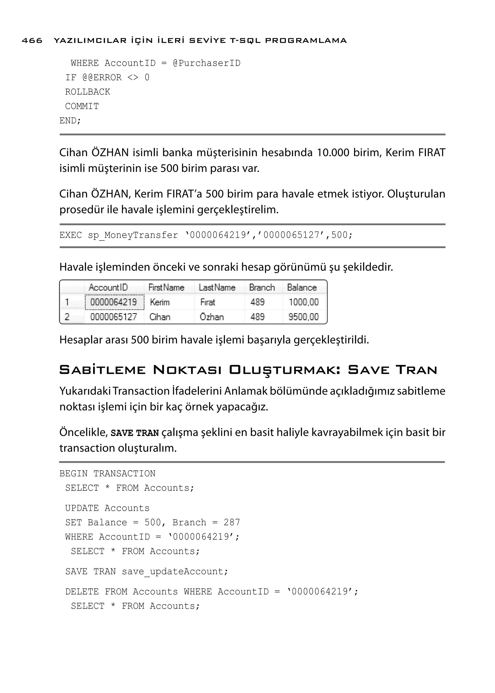 WHERE AccountID = @PurchaserID
IF @@ERROR <> 0
ROLLBACK
COMMIT
END;
Cihan ÖZHAN isimli banka müşterisinin hesabında 10.000 birim, Kerim FIRAT
isimli müşterinin ise 500 birim parası var.
Cihan ÖZHAN, Kerim FIRAT’a 500 birim para havale etmek istiyor. Oluşturulan
prosedür ile havale işlemini gerçekleştirelim.
EXEC sp_MoneyTransfer ‘0000064219’,’0000065127’,500;
Havale işleminden önceki ve sonraki hesap görünümü şu şekildedir.
Hesaplar arası 500 birim havale işlemi başarıyla gerçekleştirildi.
Sabitleme Noktası Oluşturmak: Save Tran
YukarıdakiTransaction İfadelerini Anlamak bölümünde açıkladığımız sabitleme
noktası işlemi için bir kaç örnek yapacağız.
Öncelikle, SAVE TRAN çalışma şeklini en basit haliyle kavrayabilmek için basit bir
transaction oluşturalım.
BEGIN TRANSACTION
SELECT * FROM Accounts;
UPDATE Accounts
SET Balance = 500, Branch = 287
WHERE AccountID = ‘0000064219’;
SELECT * FROM Accounts;
SAVE TRAN save_updateAccount;
DELETE FROM Accounts WHERE AccountID = ‘0000064219’;
SELECT * FROM Accounts;
YAZILIMCILAR İÇİN İLERİ SEVİYE T-SQL PROGRAMLAMA466
 