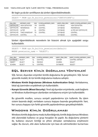 Bir login ya da bir sertifikanın da izinleri öğrenilebilmektedir.
SELECT * FROM sys.fn_builtin_permissions(‘CERTIFICATE’);
İzinleri öğrenilebilecek nesnelerin bir listesini almak için aşağıdaki sorgu
kullanılabilir.
SELECT * FROM sys.fn_builtin_permissions(default)
WHERE permission_name = ‘SELECT’;
SQL Server Kimlik Doğrulama Yöntemleri
SQL Server, dışarıdan erişimleri kimlik doğrulama ile gerçekleştirir. SQL Server
güvenlik modeli, iki tür kimlik doğrulama moduna sahiptir.
•	Windows Kimlik Doğrulaması (Windows Authentication Only): Veritabanına,
lokal ağ üzerinden erişebilmek için kullanılabilir.
•	Karışık Güvenlik (Mixed Security): Yerel ağ dışından erişimlerde, uzak bağlantı
ve Windows kullanılmayan alanlardan veritabanına erişim için kullanılabilir.
Bu güvenlik modları, sunucu seviyeli yapılandırma için kullanılır. Bu işlem
sistem bazında değil, veritabanı sunucu kopyası bazında gerçekleştirilir. Yani,
her sunucu kopyası için farklı güvenlik yapılandırılması gerçekleştirilebilir.
Windows Kimlik Doğrulaması
Windows kimlik doğrulama modu kullanıldığında, kimlik doğrulamasıWindows
etki alanındaki kullanıcı ve grup hesapları ile yapılır. Bu doğrulama yöntemi
ile, kullanıcı oturum kimliği ve şifresi olmadan veritabanına erişilmesini
sağlar. Bu durum, etki alanı kullanıcılar için bazı ek zahmetlerden kurtarması
YAZILIMCILAR İÇİN İLERİ SEVİYE T-SQL PROGRAMLAMA540
 