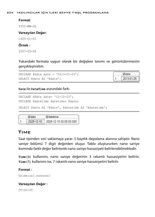 Format:
YYYY-MM-DD
Varsayılan Değer:
1900-01-01
Örnek :
2007-05-08
Yukarıdaki formata uygun olarak bir değişken tanımı ve görüntülenmesini
gerçekleştirelim.
DECLARE @date date = ‘2013-01-25’;	
SELECT @date AS ‘@date’;
Date ile DateTime arasındaki fark:
DECLARE @date date= ‘12-10-25’;
DECLARE @datetime datetime= @date;
SELECT @date AS ‘@date’, @datetime AS ‘@datetime’;
Tıme
Saat tipinden veri saklamaya yarar. 5 baytlık depolama alanına sahiptir. Nano
saniye bölümü 7 digit değerden oluşur. Tablo oluştururken nano saniye
kısmında farklı değer belirterek nano saniye hassasiyeti belirlenebilmektedir.
Time(3) kullanımı, nano saniye değerinin 3 rakamlı hassasiyetini belirtir.
Time(7) kullanımı ise, 7 rakamlı nano saniye hassasiyetini belirtir.
Format :
hh:mm:ss[.nnnnnnn]
Varsayılan Değer :
00:00:00
YAZILIMCILAR İÇİN İLERİ SEVİYE T-SQL PROGRAMLAMA204
 