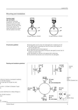 t-switch AT11
Endress+Hauser	
Mounting and installation
Insertion depth
(gas and liquid)
For optimum measuring
performance, the active area
should be inserted to a depth
of between 5% and 50% of the
internal pipe diameter. The
sensor tip should be in contact
with the medium at all times.
For pipe diameters DN250 For pipe diameters DN250
IP protection guideline •	Housing gasket must be clean and undamaged prior to tightening the lid
•	The cables used for connecting must have the correct outer diameter to
suit the cable gland seal
•	The cable gland must be firmly tightened
•	The cable must loop down before entering the cable gland to ensure that no
moisture can enter it (fig 1)
•	Any cable glands not used are to be replaced with a blind plug
•	The protective bush should not be removed from the cable gland
Planning and installation guidelines
to Nm/sec (velocity at normalised conditions)
) X 353.68 (Constant)
ity of gas (Kg/m3) d2 pipe dia (mm)
68
ir at 0oC +1.013bar A) (Example 2 pipe)
sec
convert 350 Nm3/hr in 50mm NB pipe to
/hr) 353.68 (Constant)
(mm)
sec
oC +1.013bar A
LIQUID
GAS
LIQUID
GAS
LIQUID (Partially Full)
LIQUID
GAS
LIQUID (Dirty)
 