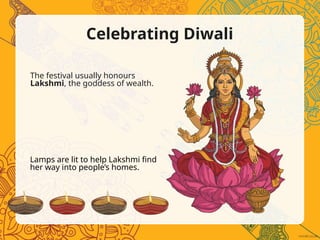 Celebrating Diwali
The festival usually honours
Lakshmi, the goddess of wealth.
Lamps are lit to help Lakshmi find
her way into people’s homes.
 