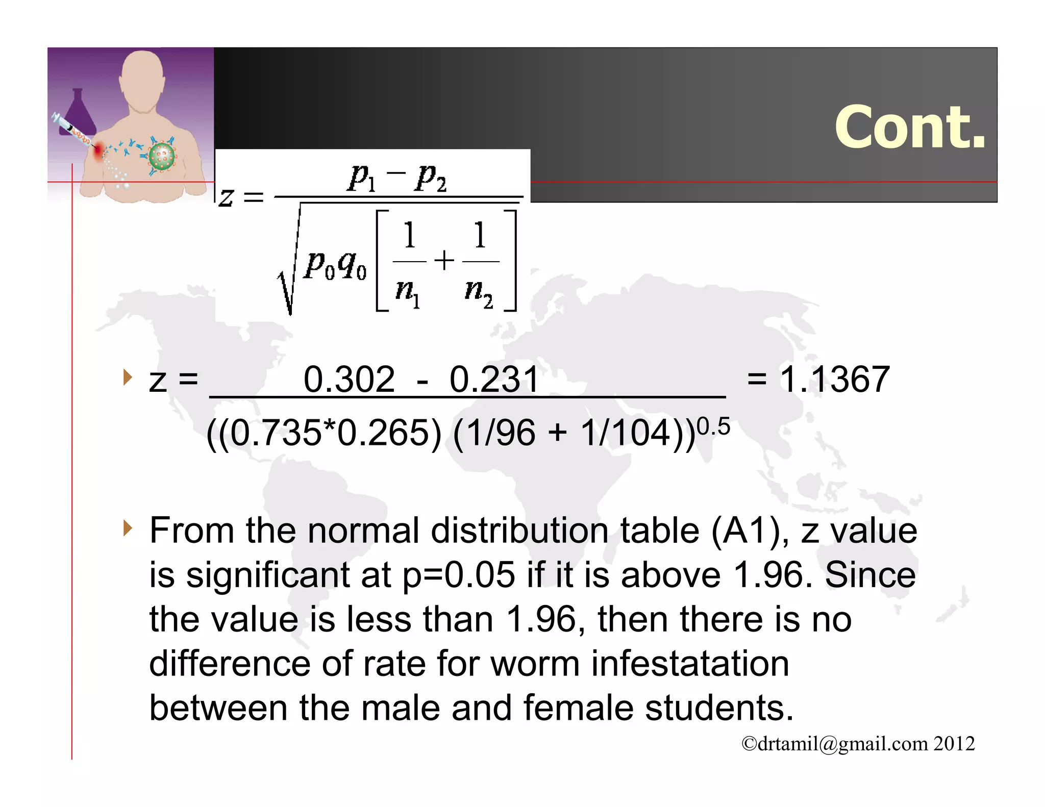 Cont.



4z   =         0.302 - 0.231               = 1.1367
         ((0.735*0.265) (1/96 + 1/104))0.5

4 From  the normal distribution table (A1), z value
 is significant at p=0.05 if it is above 1.96. Since
 the value is less than 1.96, then there is no
 difference of rate for worm infestatation
 between the male and female students.
                                         ©drtamil@gmail.com 2012
 