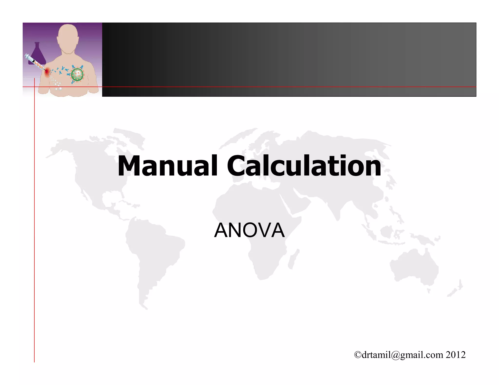 Manual Calculation

      ANOVA




                ©drtamil@gmail.com 2012
 