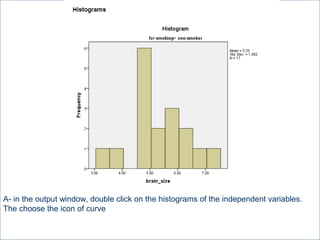 A- in the output window, double click on the histograms of the independent variables.
The choose the icon of curve
 