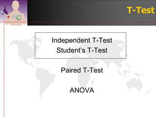 T-Test


Independent T-Test
  Student’s T-Test

  Paired T-Test

     ANOVA


                     ©drtamil@gmail.com 2012
 