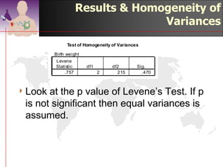24.93
Example:
Time To Complete
Analysis
The ANOVA test is
based on the combined
distances from X .
                            22.71


If the combined                             22.61
distances are large, that
indicates we should
reject H0.



                                                    20.59
 